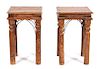 A Pair of Gothic Style Pine and Metal Mounted Side Tables Height 31 x width 20 x depth 20 inches.