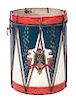 An Italian Tole Painted Ceremonial Drum Height 22 x diameter 14 1/2 inches.