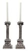A Pair of English Silverplate Corinthian Column-Form Candlesticks Height overall 23 inches.