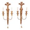 A Pair of Italian Carved Giltwood and Metal Two-Light Wall Sconces Height 26 inches.