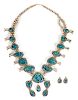 Southwestern Silver and High-Grade Spiderweb Turquoise Squash Blossom Necklace and Earrings Length 28 inches, naja 4 x 4 inches