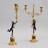 Pair of Directoire Ormolu and Patinated-Bronze Figural Two-Light Candelabra