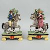 Pair of Staffordshire Pearlware Equestrian Bocage Groups of a Huntsman and Companion