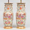Pair of Chinese Rose Medallion Porcelain Baluster Vases, Mounted as Lamps