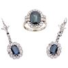 A sapphire and diamond palladium silver ring and pair of earrings set.