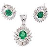 RJM emerald and diamond 14K white gold pendant and pair of earrings set.