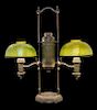 Tiffany Studios, American, Early 20th Century, Student Lamp having Damascene glass shades and bronze base cast by Manhattan Bras