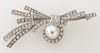 Deco/Retro platinum, button pearl & diamond brooch
