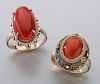 (2) Chinese red coral mounted rings.