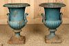 PETITE PAIR PAINTED GREEN CAMPAGNA CAST IRON URNS