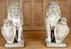 PAIR CAST STONE SEATED LIONS & SHIELD SCULPTURES
