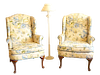 Two floral Wingback Chairs and Floor Lamp