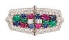 A Pair of Art Deco Platinum, Diamond, Ruby, Sapphire, and Emerald Double Clip Brooches, 23.40 dwts.