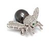 An 18 Karat White Gold, Cultured Tahitian Pearl, Diamond and Emerald Bee Brooch, 7.40 dwts.