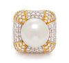 An 18 Karat Yellow Gold, Platinum, Cultured Pearl and Diamond Ring, 18.00 dwts.
