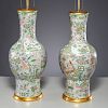 Pair fine large Chinese rose famille vase lamps