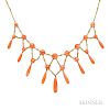 Antique Gold and Coral Fringe Necklace, the button coral suspending drops, joined by floret links, lg. 15 in.