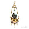 Unusual Renaissance Revival Gold Gem-set Pendant, late 19th century, designed as an American Indian with carved opal head, wearing a fe