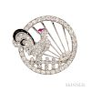 Art Deco Platinum and Diamond Rooster Brooch, designed as a rooster on a fence with marquise-cut diamond sunrise, calibre-cut onyx tail