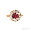 Antique 18kt Gold, Ruby, and Diamond Ring, c. 1900, set with a cushion-cut ruby measuring approx. 5.50 to 6.00 x 3.90 mm, framed by old