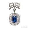 Belle Epoque Platinum, Sapphire, and Diamond Pendant/Brooch, France, the flexibly set cushion-cut sapphire measuring approx. 15.40 x 11