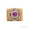 Platinum, Gold, Pink Sapphire, and Diamond Ring, France, centering a converted Edwardian element with bezel-set pink sapphire surrounde