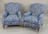 Pair of custom upholstered easy chairs with down cushions. ht. 39 in., wd. 31 in.