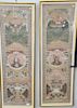 Pair of early Chinese scrolls, each having center circle painted with scholar over figures in a courtyard, image size 49" x 11 3/4"