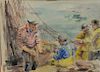 Vollian Burr Rann (1897-1956), 
watercolor on paper, 
original watercolor sketch for "Checking the Nets", 
Found on back of watercol...