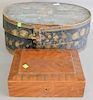 Two paint decorated pieces including large oval covered box and a lift top box. ht. 7 1/2 in., top: 13" x 19 1/4" and ht. 3 1/2 in.,...
