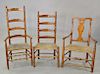 Six piece lot to include Queen Anne great chair, two ladder back chairs, and three 1-drawer stands. tallest chair: 50 1/2 in.
