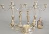 Group of sterling silver to a pair of sterling silver weighted candelabras (ht. 12 1/4 in.), candlesticks, salt and pepper, small bo...