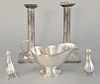 Five piece Tiffany & Co. lot to include sterling silver gravy boat monogrammed, pair of Tiffany & Co. candlesticks weighted, and a p...