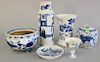 Group of six pieces of Chinese porcelain to include two blue and white sleeve form vases, blue and white jar, footed blue and white ...