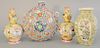 Four piece Chinese porcelain group to include moon flask vase (as is), pair of double gourd peach vases with yellow ground, ht. 9 1/...