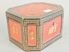 Chinese lacquered tea caddy having lacquered panels with painted figures. ht. 6 in., top: 8 3/4" x 10 3/4"  Provenance: Estate fro...