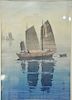 Set of three Japanese colored woodblock prints, two of snowy mountains and one of sailing vessel in calm water. 20" x 14" and 14" x ...