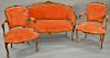 Three piece lot to include Louis XV style loveseat (lg. 50 in.) and a pair of fauteuil. Provenance: From an estate in Lloyd Harbor, ...