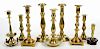 Nine Brass and Bell Metal Candlesticks