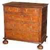 William and Mary Burl Wood Five Drawer Chest