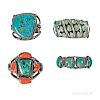 Four Large Navajo Silver and Turquoise Bracelets
