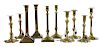 Ten 18th Century Brass Candlesticks, Some Signed