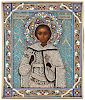 A RUSSIAN TRAVELING ICON OF ST. GEORGE WITH GILT SILVER, CLOISONNE AND CHAMPLEVE ENAMEL OKLAD, WORKMASTER ALEKSANDR OVCHINNIKOV, MOSCOW, 1891-1894