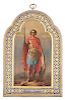 A RUSSIAN MINIATURE ICON OF ST. GEORGE WITH GILT SILVER AND ENAMEL FRAME, GRACHEV, ST. PETERSBURG, 1891