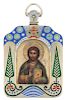 A RUSSIAN MINIATURE ICON OF CHRIST PANTOCRATOR WITH SILVER AND CHAMPLEVE ENAMEL FRAME, WORKMASTER PAVEL OVCHINNIKOV, MOSCOW, 1908-1917