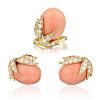 A Coral and Diamond Ring and Earrings Set, French