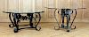 TWO WROUGHT IRON GLASS TOP GARDEN TABLES
