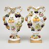 Pair of Continental Porcelain Fruit and Flower Encrusted Vases