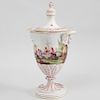 Continental Porcelain Two Handled Vase and Cover with Waterside Scene