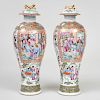 Pair of Chinese Export Rose Medallion Porcelain Vases and a Pair of Covers